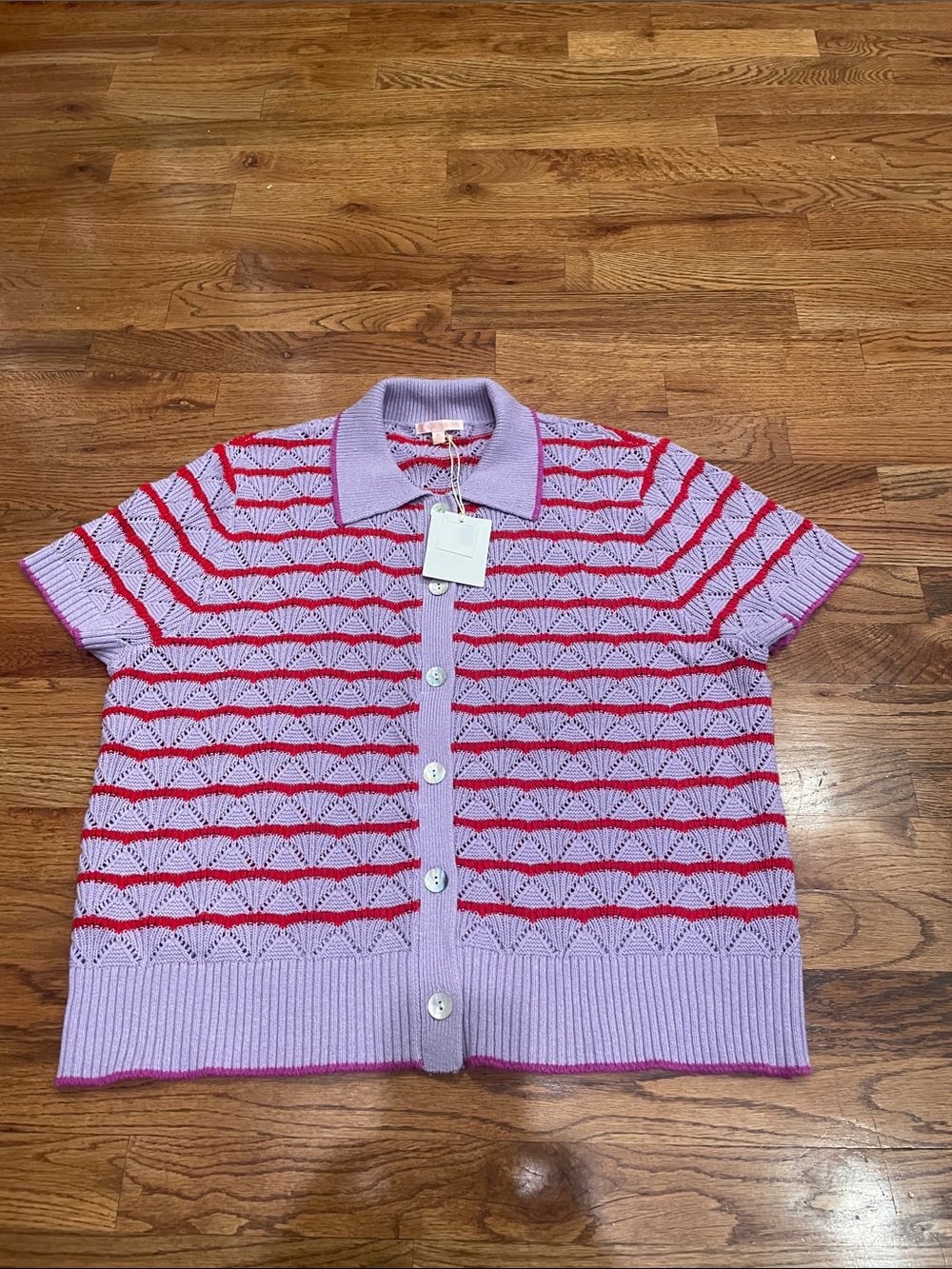 Lisa Todd Lavender Short-Sleeve Knit Cardigan with Red Stripes